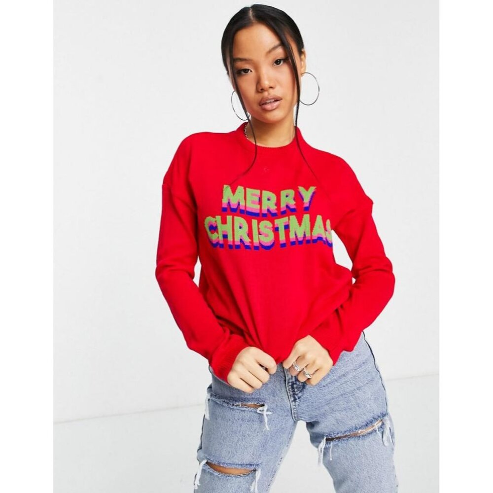 ASOS DESIGN 4 Red Merry Christmas Knit Sweater Holiday
